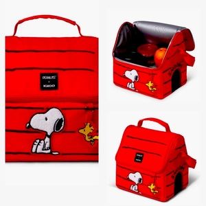 Red Snoopy Insulated Lunch Bag that is in a dog house shape.